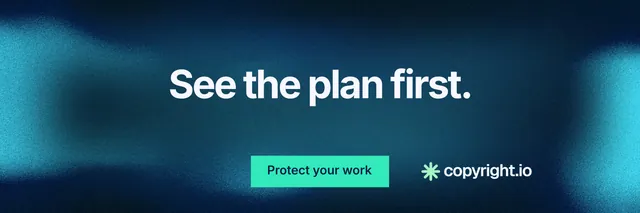 X header for copyright.io: "See the plan first." Swiss style, centred layout, dark palette in blue, black, teal.