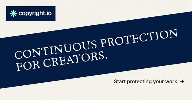 Social ad for copyright.io: "Continuous protection for creators." Minimal luxury style, diagonal layout, light palette in white, blue.