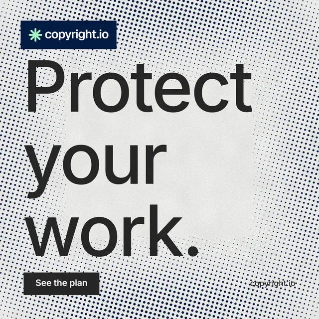 Instagram post for copyright.io: "Protect your work." Swiss style, poster layout, light palette in grey, white.