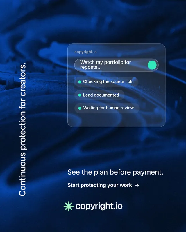 Instagram portrait post for copyright.io: "Continuous protection for creators." Minimal luxury style, vertical layout, dark palette in blue, black.