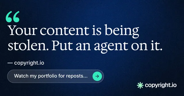 Social ad for copyright.io: "Put an agent on it." Agentic glass style, quote layout, dark palette in blue, black.