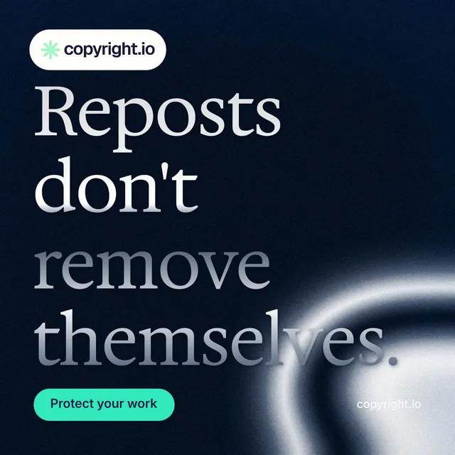 Instagram post for copyright.io: "Reposts don't remove themselves." Y2K style, poster layout, dark palette in black, grey, blue.