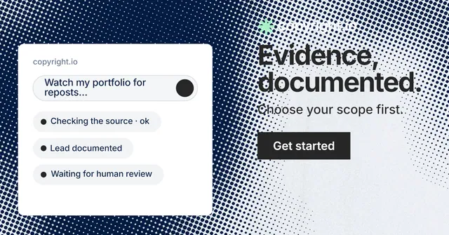 Social ad for copyright.io: "Evidence, documented." Swiss style, skeleton layout, light palette in blue, grey, white.