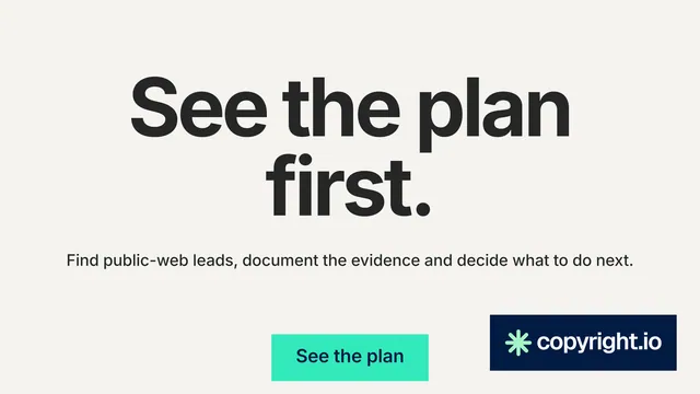 Landscape graphic for copyright.io: "See the plan first." Swiss style, centred layout, light palette in white, grey.