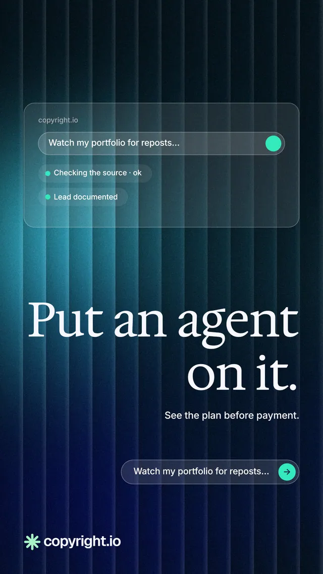 Instagram story for copyright.io: "Put an agent on it." Agentic glass style, right layout, dark palette in black, blue, teal.