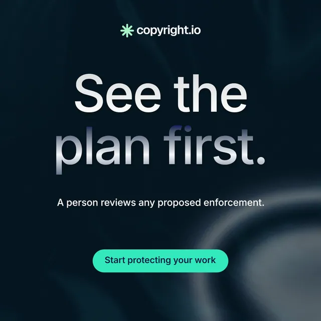 Instagram post for copyright.io: "See the plan first." Y2K style, centred layout, dark palette in black, grey.