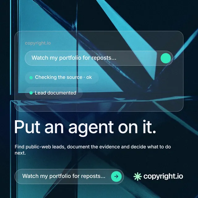 Instagram post for copyright.io: "Put an agent on it." Agentic glass style, bottom layout, dark palette in black, blue, teal.
