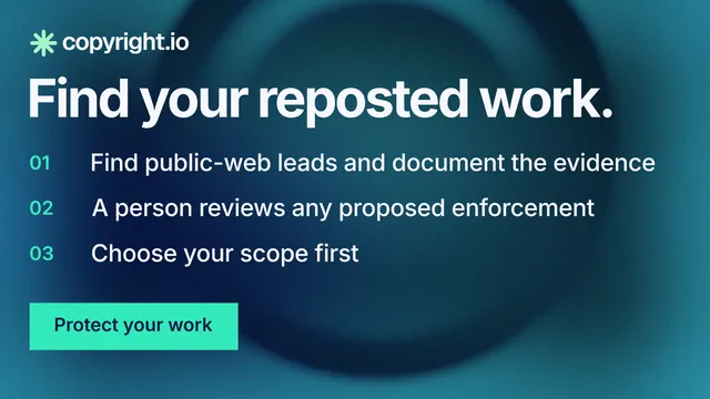 Landscape graphic for copyright.io: "Find your reposted work." Swiss style, numbered layout, dark palette in blue, teal.
