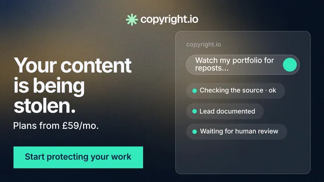 Landscape graphic for copyright.io: "Your content is being stolen." Swiss style, bottom layout, dark palette in black, grey, teal.