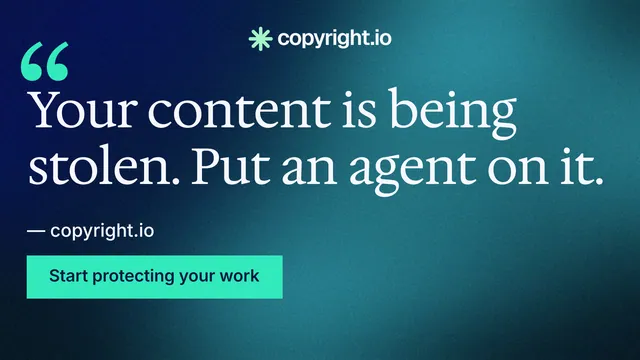 Landscape graphic for copyright.io: "Continuous protection for creators." Swiss style, quote layout, dark palette in teal, blue.