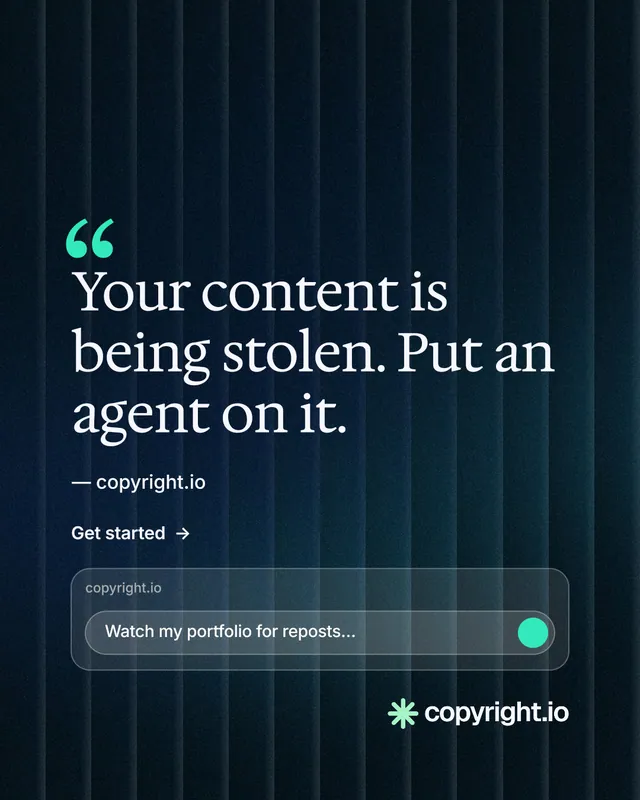 Instagram portrait post for copyright.io: "Find your reposted work." Minimal luxury style, quote layout, dark palette in black, blue.