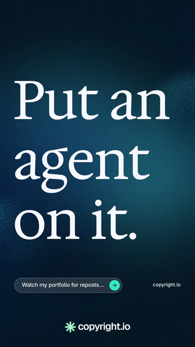 Instagram story for copyright.io: "Put an agent on it." Agentic glass style, poster layout, dark palette in blue, black.