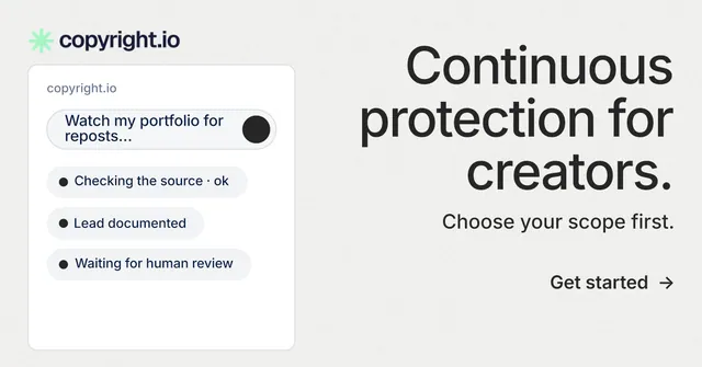 Social ad for copyright.io: "Continuous protection for creators." Minimal luxury style, right layout, light palette in white, grey.