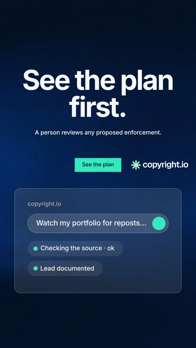 Instagram story for copyright.io: "See the plan first." Swiss style, centred layout, dark palette in black, blue.