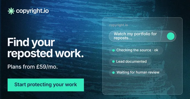 Social ad for copyright.io: "Find your reposted work." Swiss style, bottom layout, dark palette in blue, black, teal.