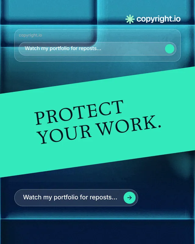 Instagram portrait post for copyright.io: "Protect your work." Agentic glass style, diagonal layout, light palette in blue, teal.