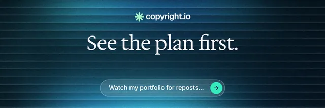 X header for copyright.io: "See the plan first." Agentic glass style, centred layout, dark palette in blue, black.