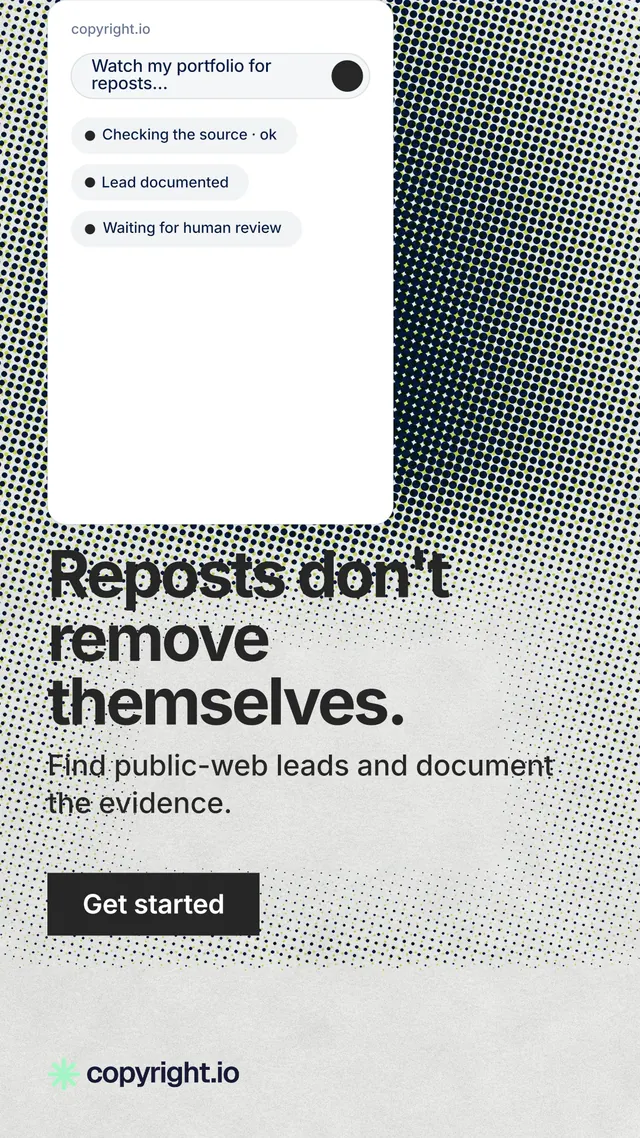 Instagram story for copyright.io: "Reposts don't remove themselves." Swiss style, skeleton layout, light palette in white, grey.