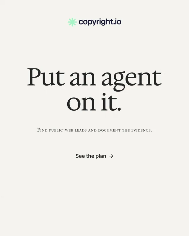 Instagram portrait post for copyright.io: "Put an agent on it." Minimal luxury style, smallcaps layout, light palette in white.