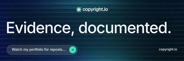 X header for copyright.io: "Evidence, documented." Agentic glass style, poster layout, dark palette in blue, black, grey.