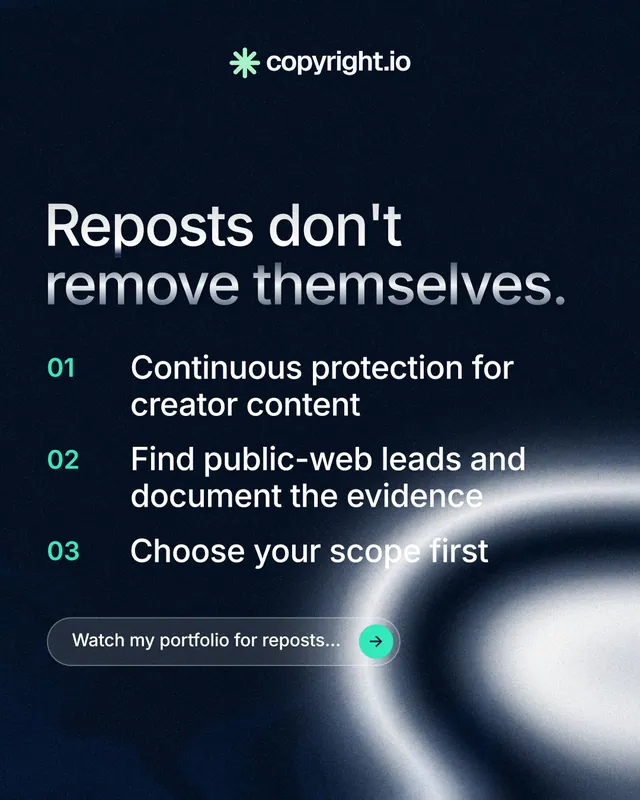 Instagram portrait post for copyright.io: "Reposts don't remove themselves." Agentic glass style, numbered layout, dark palette in black, grey, blue.