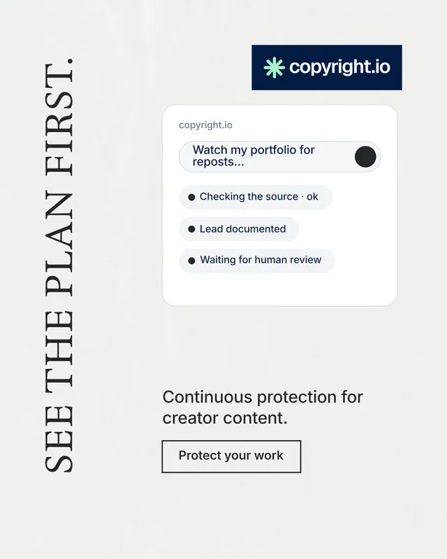 Instagram portrait post for copyright.io: "See the plan first." Editorial style, vertical layout, light palette in white, grey.