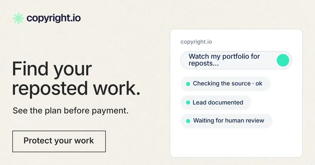 Social ad for copyright.io: "Find your reposted work." Editorial style, bottom layout, light palette in white, grey.