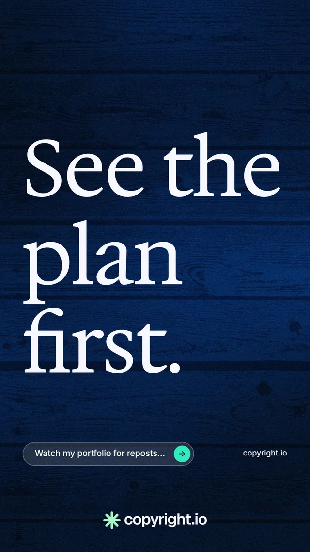 Instagram story for copyright.io: "See the plan first." Agentic glass style, poster layout, dark palette in black, blue, grey.