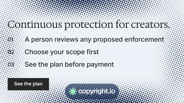 Landscape graphic for copyright.io: "Continuous protection for creators." Split block style, numbered layout, light palette in white, blue, grey.