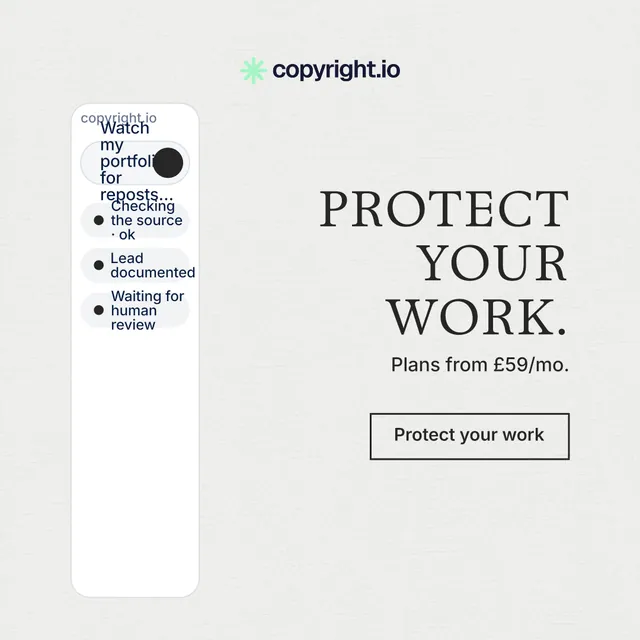 Instagram post for copyright.io: "Protect your work." Editorial style, right layout, light palette in white.