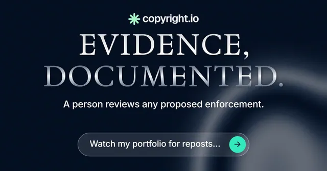 Social ad for copyright.io: "Evidence, documented." Agentic glass style, centred layout, dark palette in black, grey.