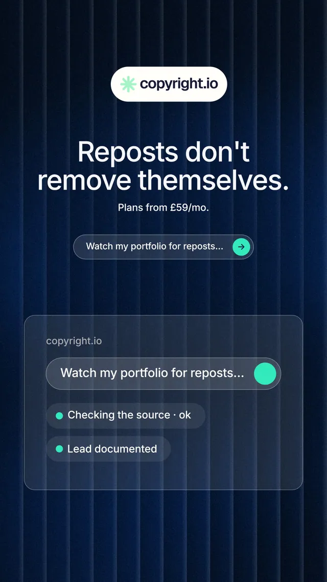 Instagram story for copyright.io: "Reposts don't remove themselves." Agentic glass style, centred layout, dark palette in blue, black.