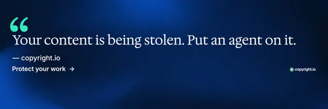 X header for copyright.io: "Reposts don't remove themselves." Minimal luxury style, quote layout, dark palette in blue, black.