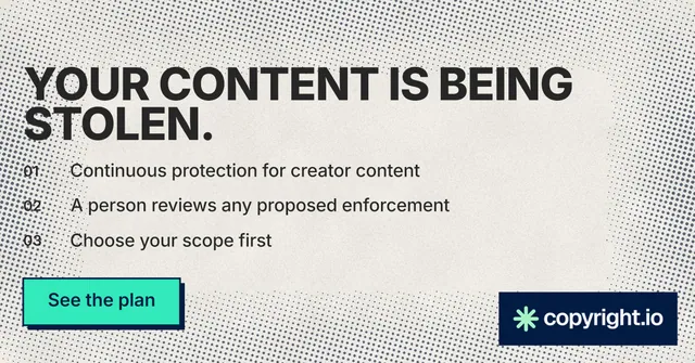 Social ad for copyright.io: "Your content is being stolen." Brutalist style, numbered layout, light palette in white, yellow, grey.