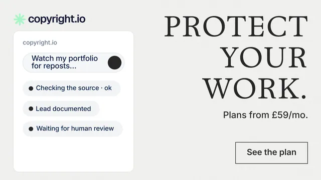 Landscape graphic for copyright.io: "Protect your work." Editorial style, right layout, light palette in white, grey, green.