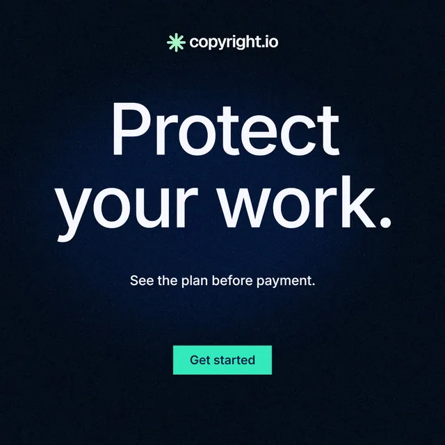 Instagram post for copyright.io: "Protect your work." Swiss style, centred layout, dark palette in black, blue.