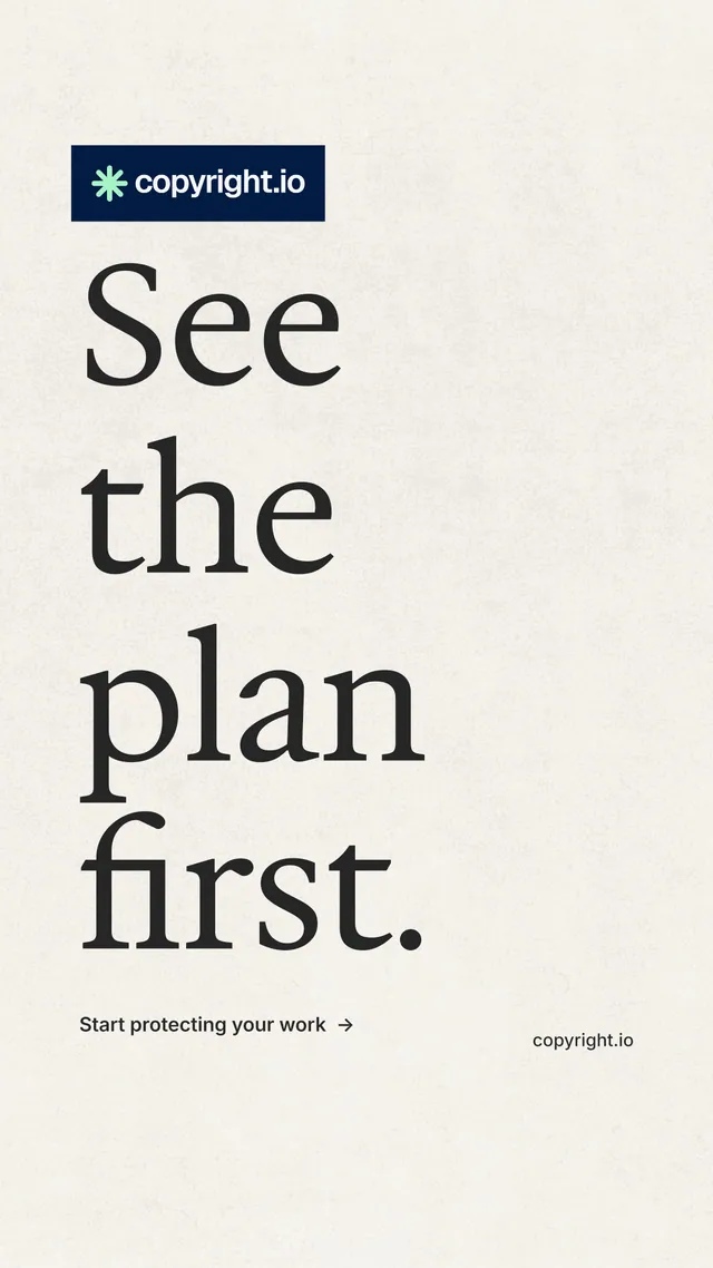 Instagram story for copyright.io: "See the plan first." Minimal luxury style, poster layout, light palette in white, grey.
