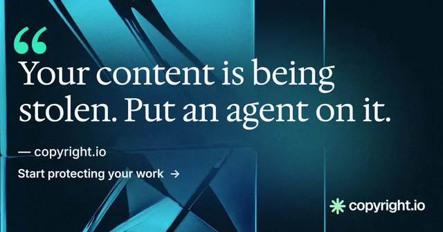 Social ad for copyright.io: "Your content is being stolen." Minimal luxury style, quote layout, dark palette in blue, black, teal.