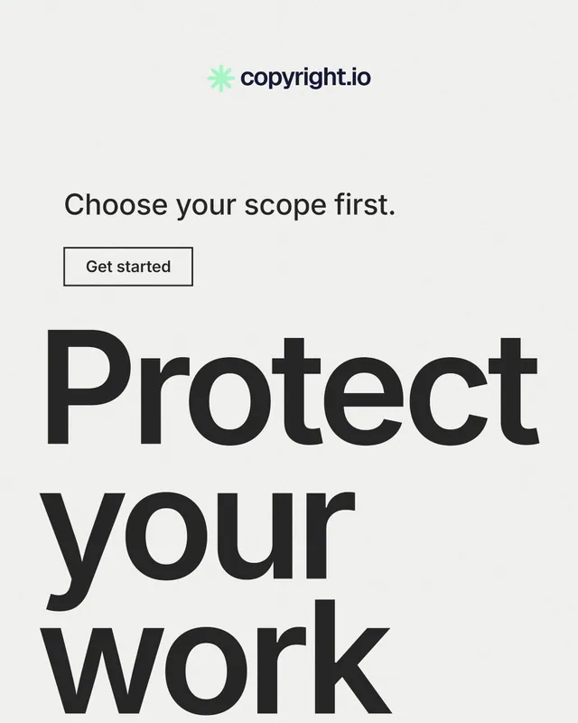 Instagram portrait post for copyright.io: "Continuous protection for creators." Editorial style, oversized layout, light palette in white, grey, green.