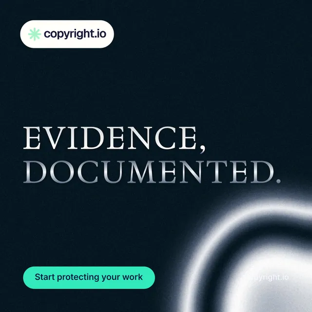 Instagram post for copyright.io: "Evidence, documented." Y2K style, poster layout, dark palette in black, grey.