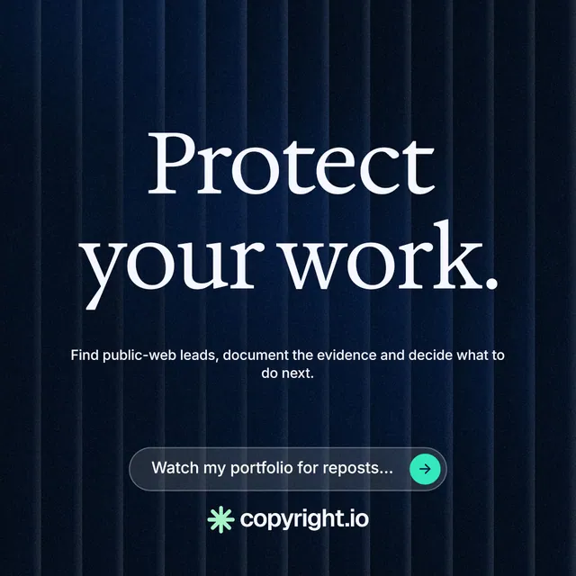 Instagram post for copyright.io: "Protect your work." Agentic glass style, centred layout, dark palette in black, blue, grey.