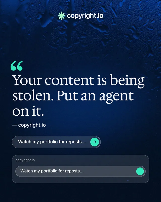 Instagram portrait post for copyright.io: "Protect your work." Agentic glass style, quote layout, dark palette in black, blue.