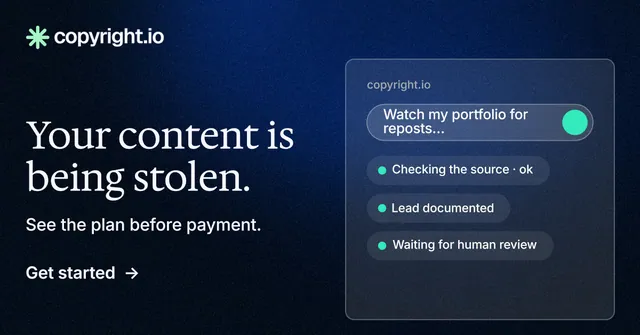 Social ad for copyright.io: "Your content is being stolen." Minimal luxury style, bottom layout, dark palette in blue, black.