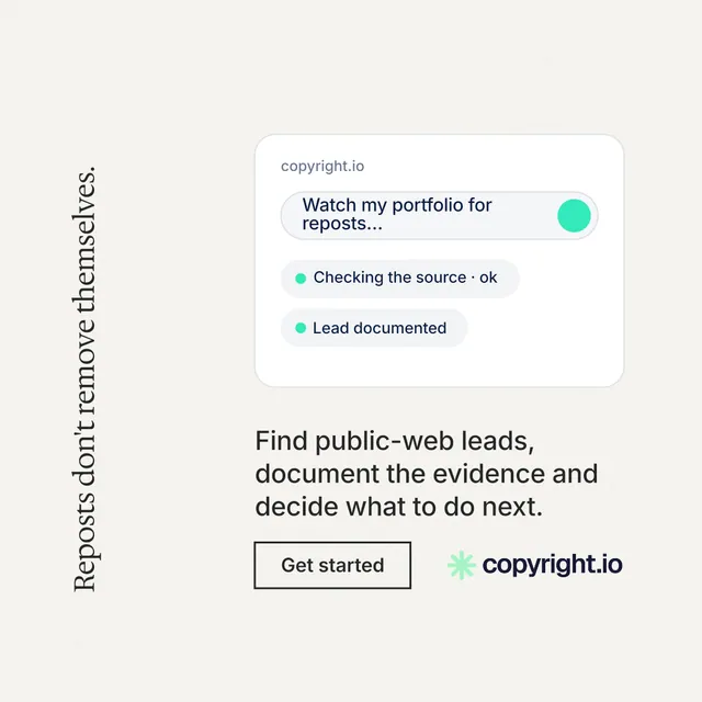Instagram post for copyright.io: "Reposts don't remove themselves." Editorial style, vertical layout, light palette in white.