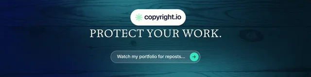 LinkedIn banner for copyright.io: "Protect your work." Agentic glass style, centred layout, dark palette in blue, black, teal.