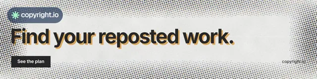 LinkedIn banner for copyright.io: "Find your reposted work." Swiss style, poster layout, light palette in grey, white.