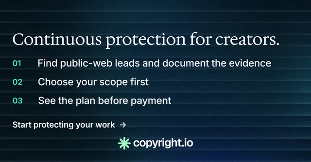 Social ad for copyright.io: "Continuous protection for creators." Minimal luxury style, numbered layout, dark palette in blue, black, grey.
