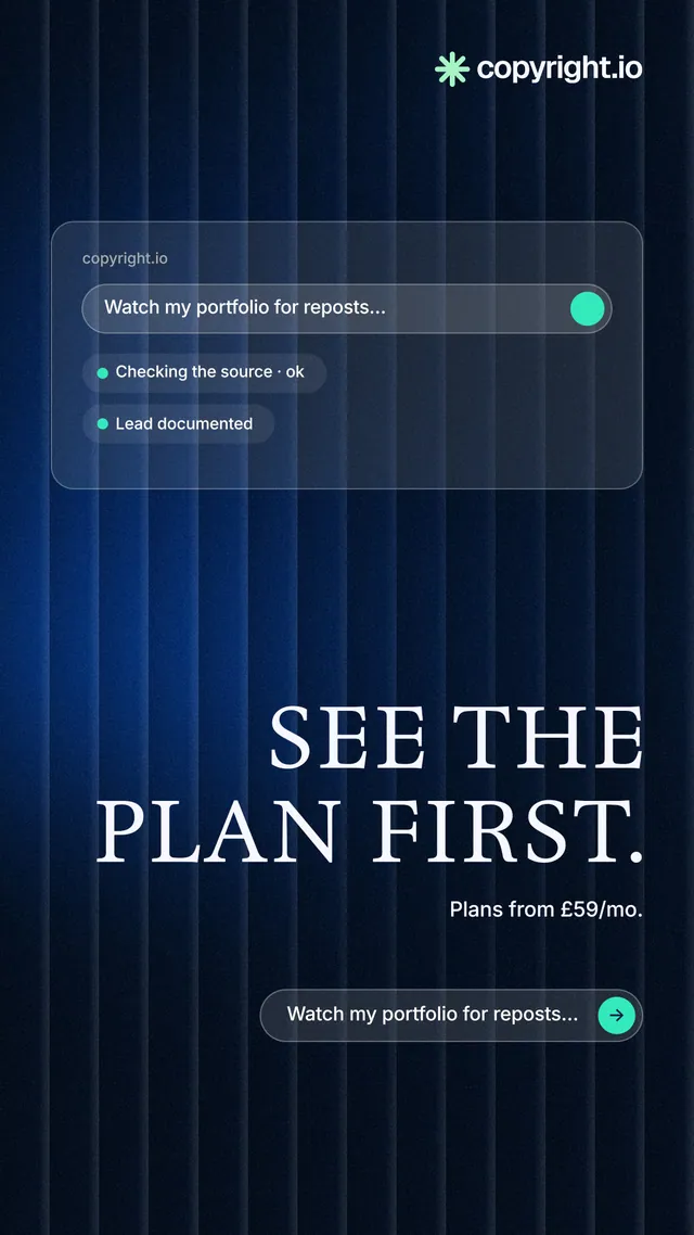 Instagram story for copyright.io: "See the plan first." Agentic glass style, right layout, dark palette in black, blue.
