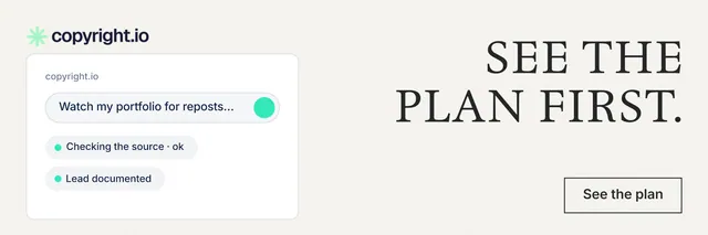 X header for copyright.io: "See the plan first." Editorial style, right layout, light palette in white, grey.