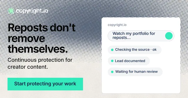 Social ad for copyright.io: "Reposts don't remove themselves." Swiss style, bottom layout, light palette in grey, white, green.
